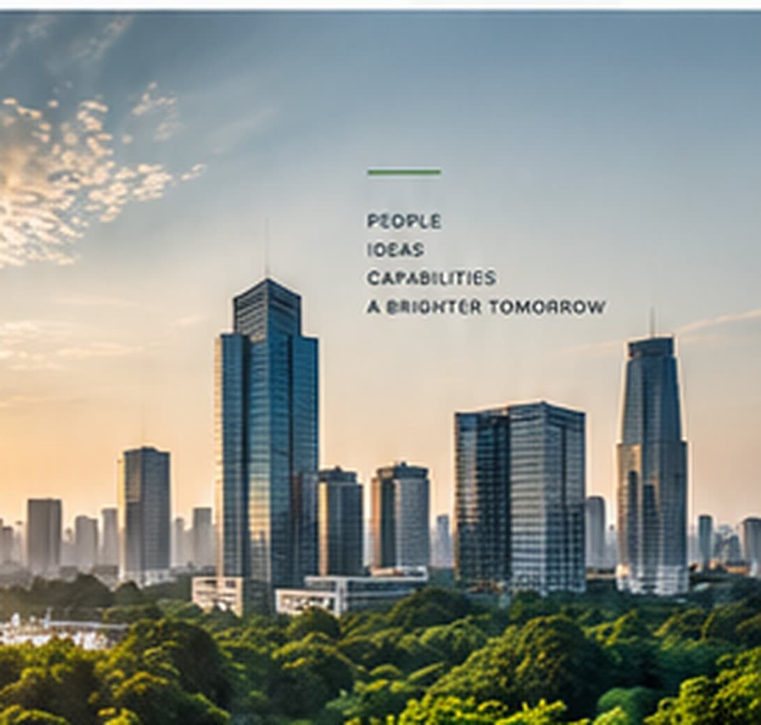 City skyline rising above a green forest at sunrise